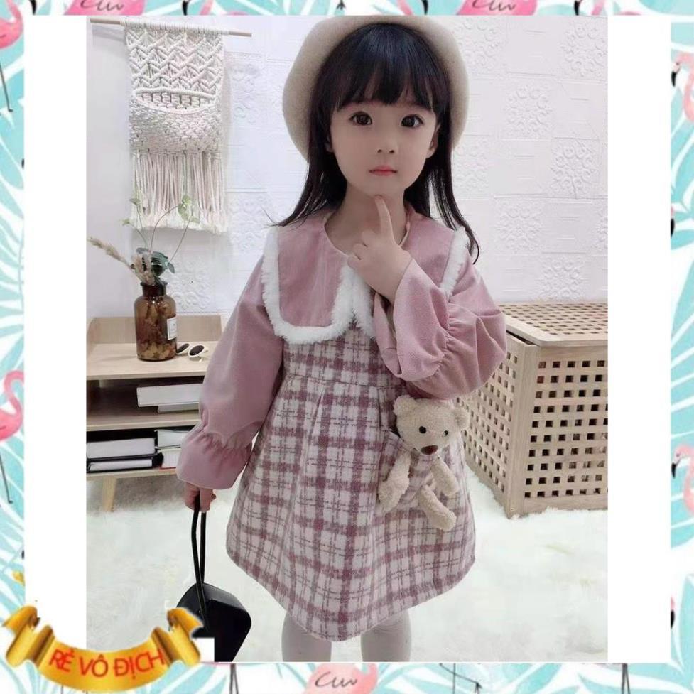 Váy Xinh, Đầm Xinh Chú Gấu Lót Lông Cho Bé Gái Diện Tết