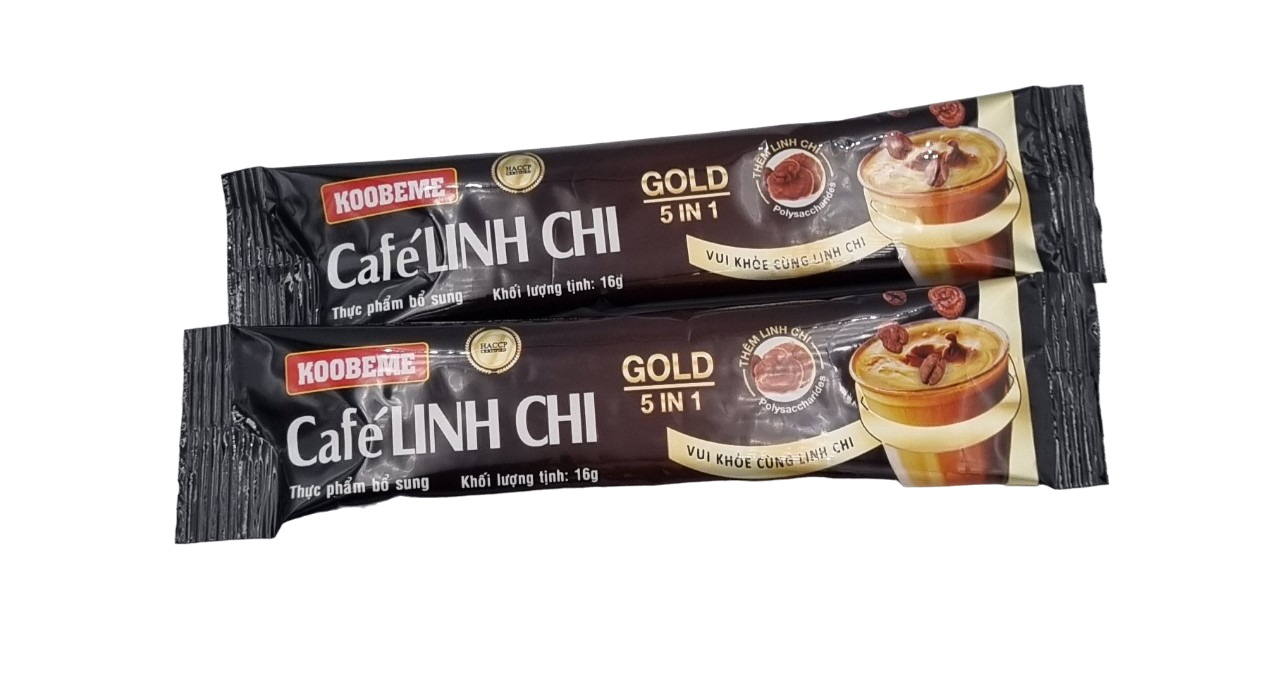 Cà phê hoà tan Café Linh Chi 5in1 Koobeme Gold vị đậm đà thêm Linh Chi tăng sức đề kháng Hộp 18gói