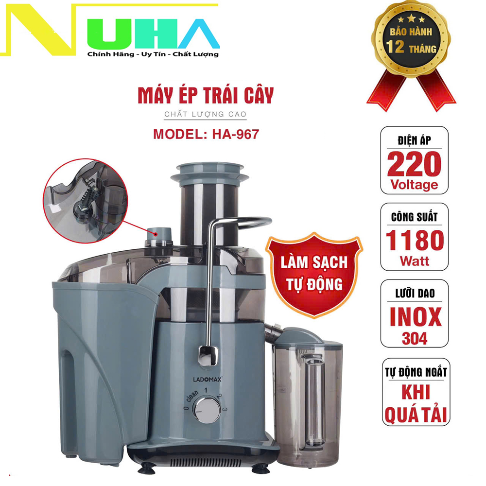Máy ép trái cây cho quán 1180W thế hệ mới Ladomax HA-967 có chế độ vệ sinh lưới, ép kiệt bã-Hàng chính hãng