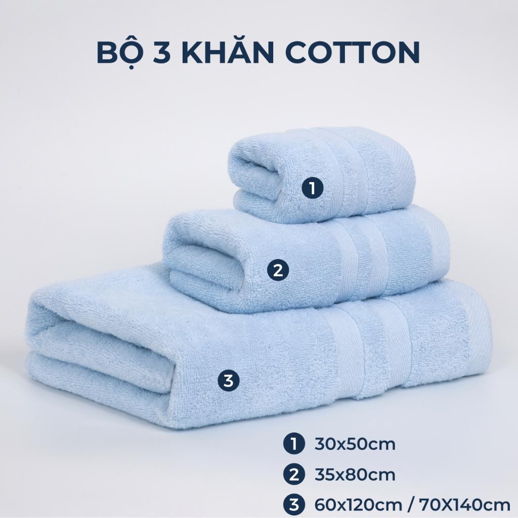 Bộ 3 khăn tắm mặt gội với sợi bông cotton dày thấm hút tốt, không đổ lông, không ra màu