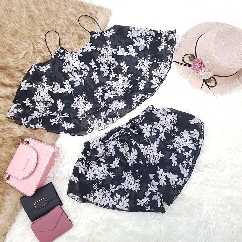 Set đồ bộ mặc nhà, đồ ngủ 2 dây mát mẻ, quyến rũ, chất voan 2 lớp 2 tầng, bộ đồ ngủ, SET BƯỚM VINTAGE