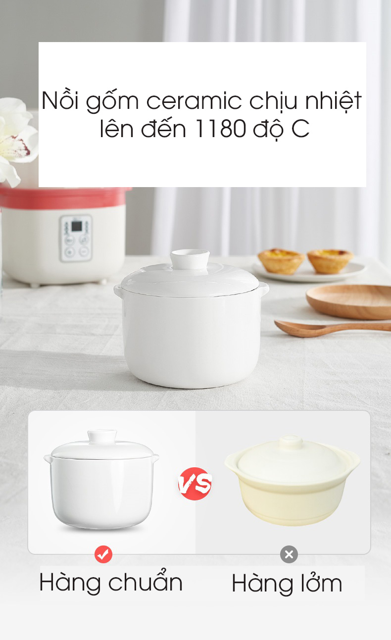 Nồi điện nấu cháo chậm đa năng bằng sứ ceramic  tự động, dành cho bé ăn dặm (hấp, nấu, chưng, hầm, hâm nóng) 0,8L- hàng chính hãng (đỏ)