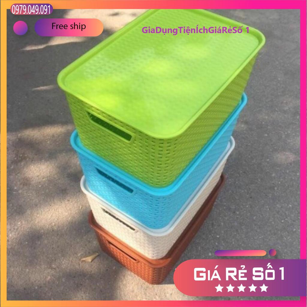 Combo 2 giỏ nhựa đan giả mây đựng đồ kiểu Hàn Quốc có nắp size đại
