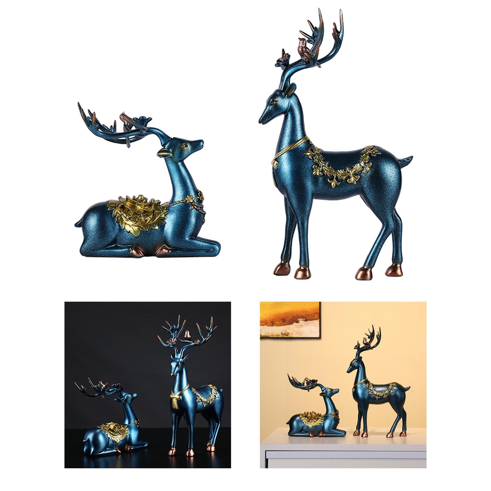 2Pcs Deer Figurines Reindeer Sculptures Ornament Couple Elk Statues