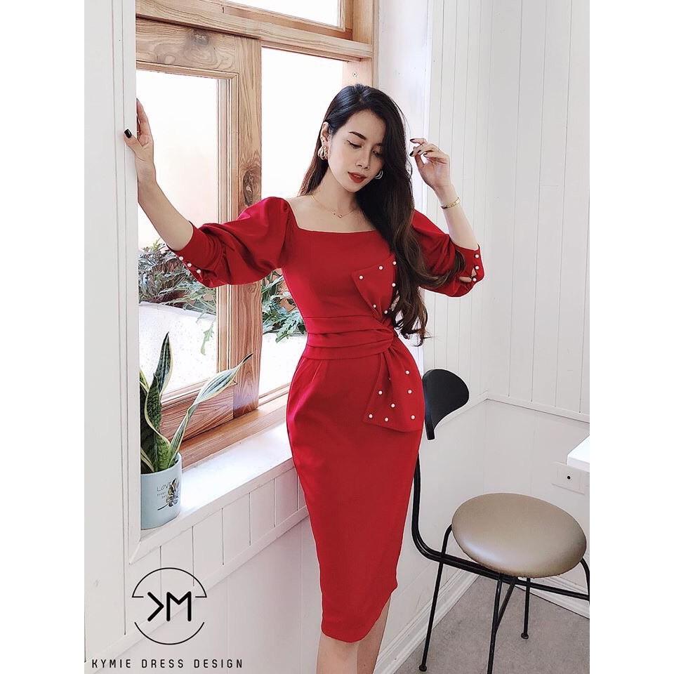 Đầm body tay lửng kết hạt eo nơ xinh yêu