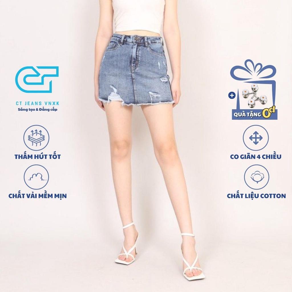 Chân váy jean chữ A xanh đá rách gấu tua rua co giãn bên trong có quần CT JEANS