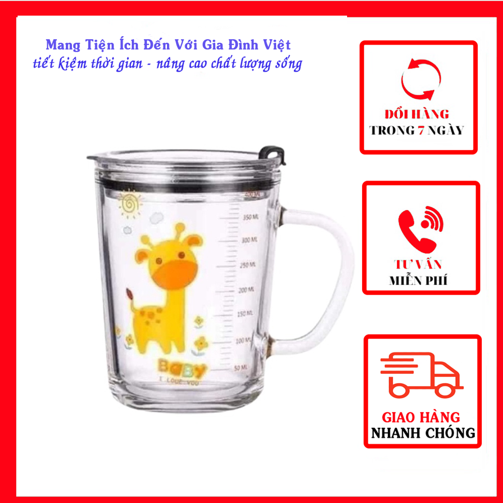 Ly Thủy Tinh Chia Vạch 350ml, Ly Pha Sữa Chia ml, Nắp Chống Tràn, Tiện Lợi, Bền Đẹp, Ống Hút Sillicon