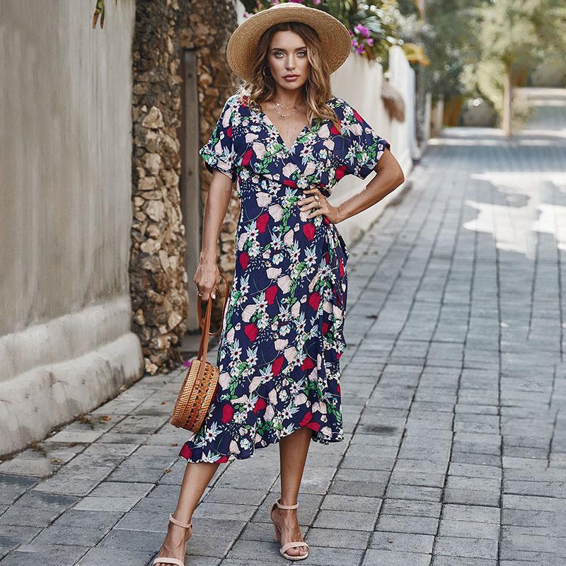 Fashion Women Summer Floral Print Dress V Neck Short Sleeve High Waist Sashes Irregular Hem Casual Holiday Beach Dress