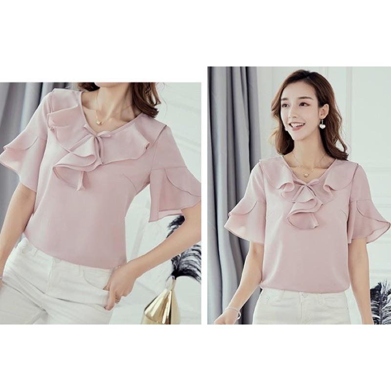 Áo sơ mi voan điệu đà nhẹ nhàng tay bèo cổ nơ công sở đi làm đi chơi  mẫu 2021