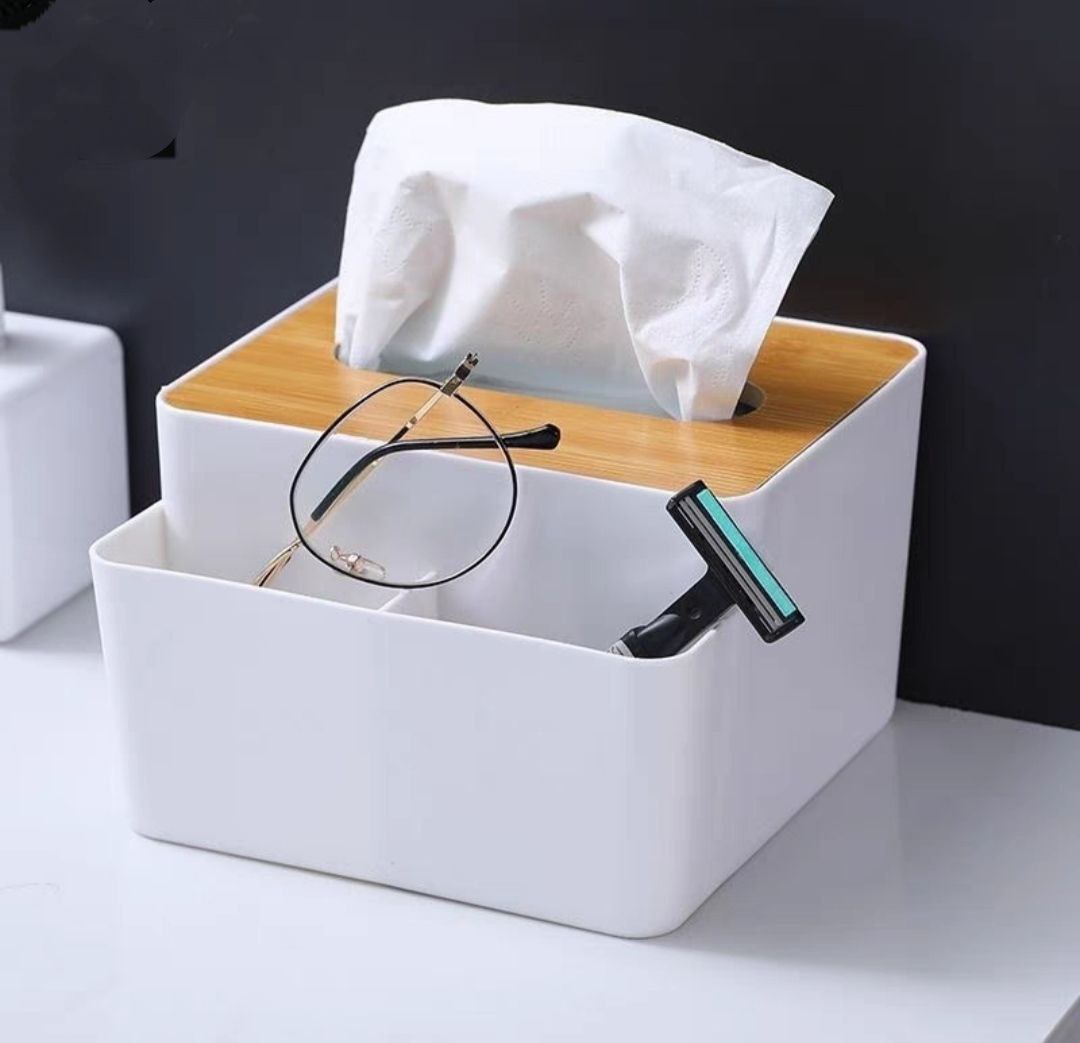Hộp, Kệ Đựng Khăn Giấy Ăn Nắp Gỗ Nordic Kèm 2 Ngăn Chứa Đồ Đa Năng Tiện Lợi