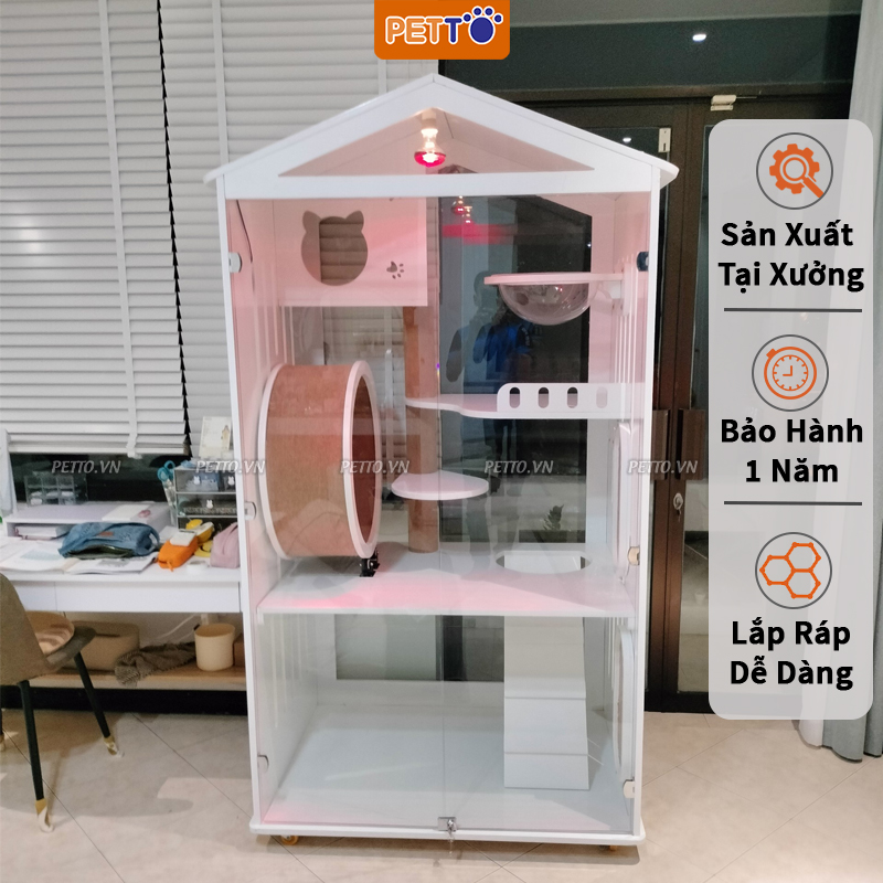 Tủ nuôi mèo bằng GỖ + cửa kính cường lực trong suốt SANG TRỌNG 2 tầng kết hợp BÁNH XE CHẠY BỘ cho mèo CC047