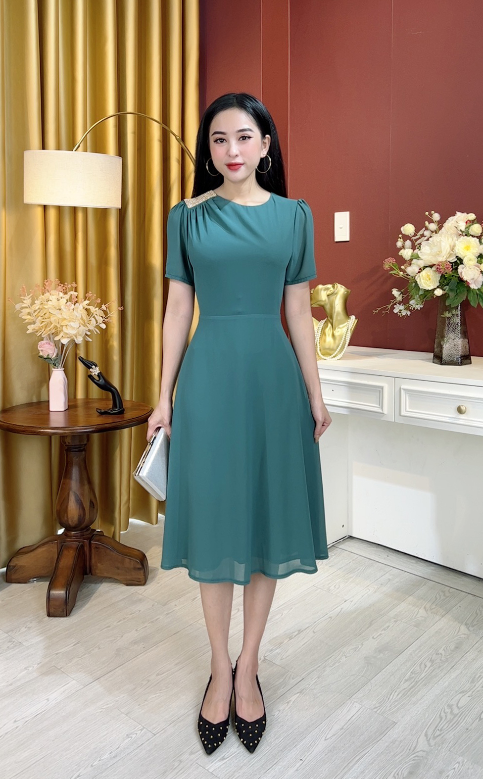 Linh Trà - Đầm Trung Niên Dáng Dài [TM720] Cao Cấp Vải Voan Chiffon Tay Ngắn Cho Mẹ U40 U50