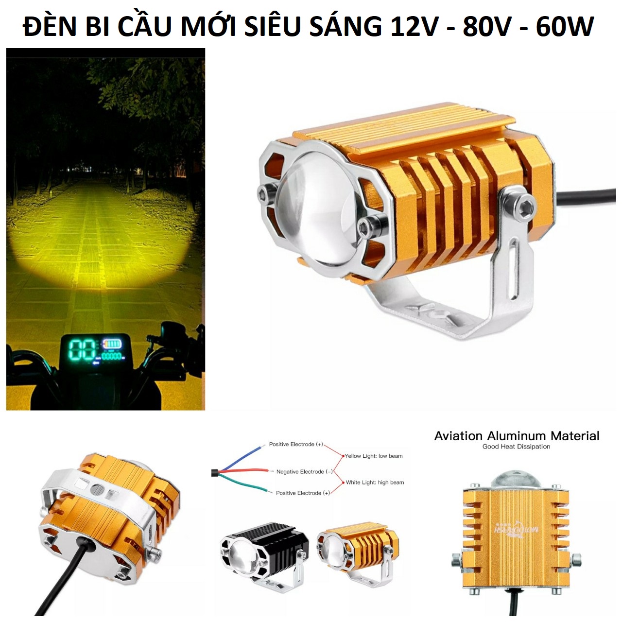 Đèn trợ sáng xe máy ô tô 45W, 12v-80v cốt vàng pha trắng 2 màu siêu gom mẫu mới chống nước