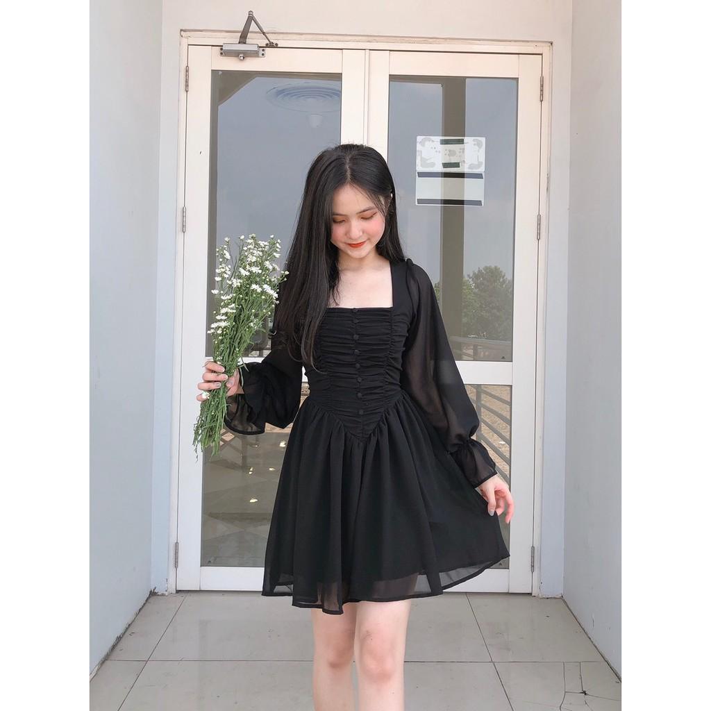 ĐẦM DỰ TIỆC TRẮNG ĐEN NHÚN NGỰC PHỐI NÚT BỌC DÁNG XÒE TAY DÀI CỔ VUÔNG-hình thật shop chụp