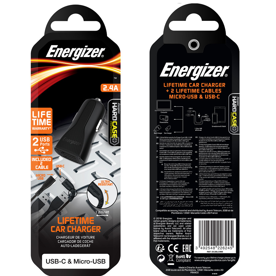 Sạc xe hơi Energizer 2.4A 2 Cổng USB, kèm 1 cáp micro USB, 1 cáp usb Type C - DC2BLCMM. Hàng chính hãng