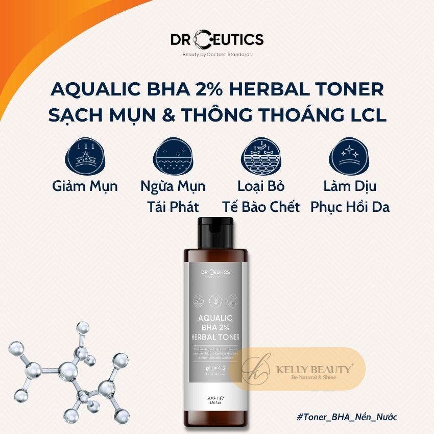 DrCeutics Aqualic BHA 2% Herbal Toner - Giảm Mụn, Ngừa Mụn Tái Phát; Da Sạch Mịn Màng | Kelly Beauty