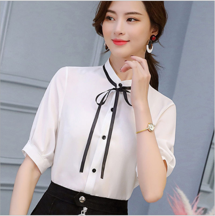 Áo sơ mi nữ cổ trụ kèm dây thắt nơ sm45