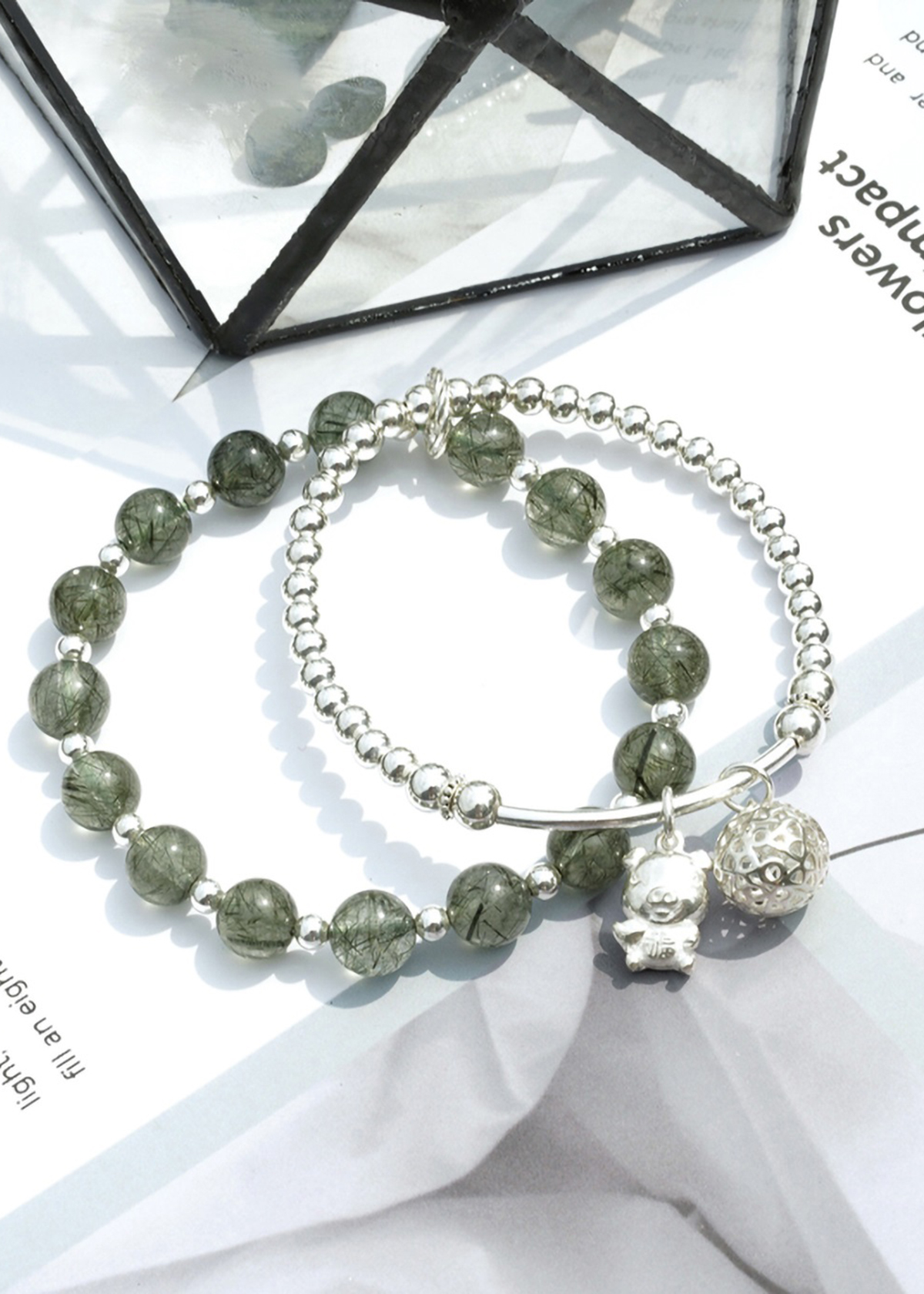 Vòng 2 line đá thạch anh tóc xanh phối charm túi tiền mệnh hỏa, mộc - Ngọc Quý Gemstones