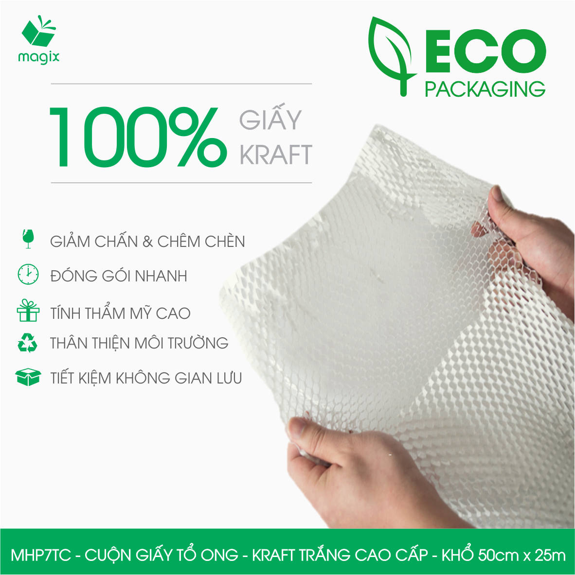 MHP7TC - 50cm x 25m - Cuộn giấy tổ ong chống sốc - Kraft trắng Cao Cấp - Giấy gói hàng, gói quà