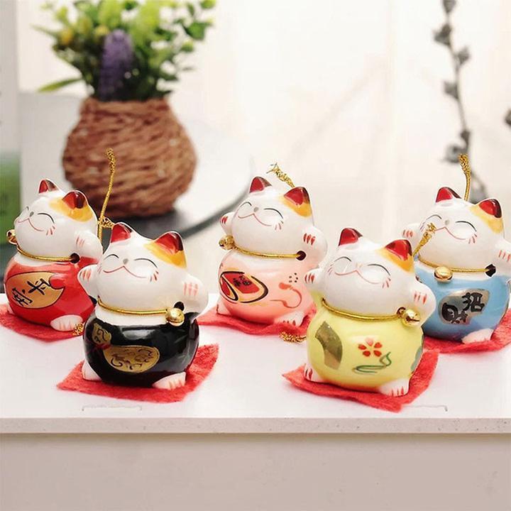 Bộ 5 Tượng Mèo May Mắn Neko Mini Để Bàn Để Xe Hơi Chiều Cao 4cm Chất Liệu Sứ Phủ Men Sáng Bóng.