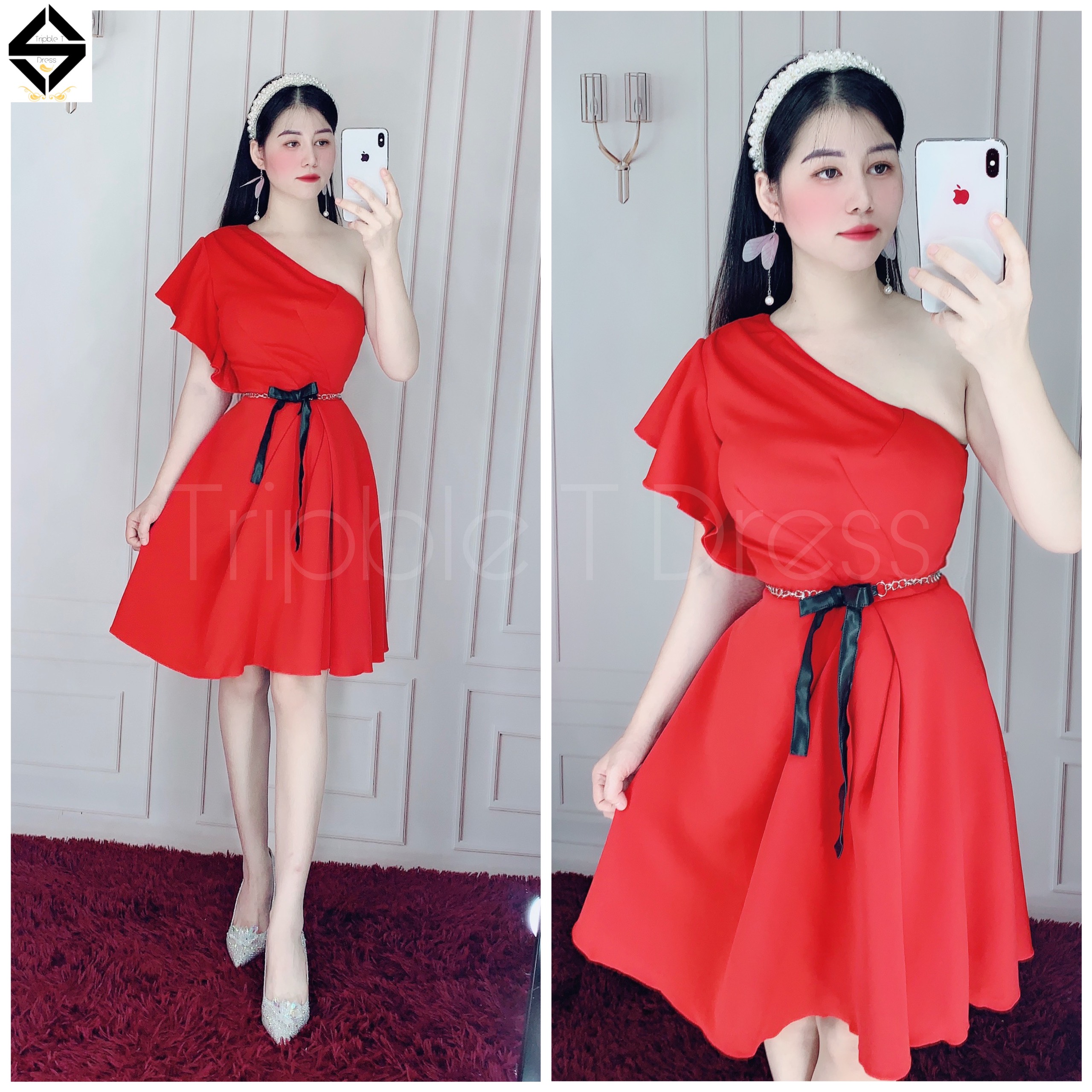 Đầm dự tiệc lệch vai kèm đai eo y hình TRIPBLE T DRESS - size M/L/XL ( ảnh/video thật) MS154V