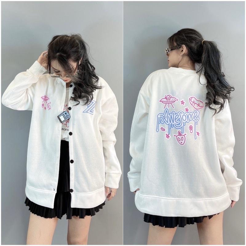 Áo khoác bomber nỉ bông dày dặn hàng quảng châu form tộng unisex dạng cardigan nữ nam in UFO AWESOME - AK3426