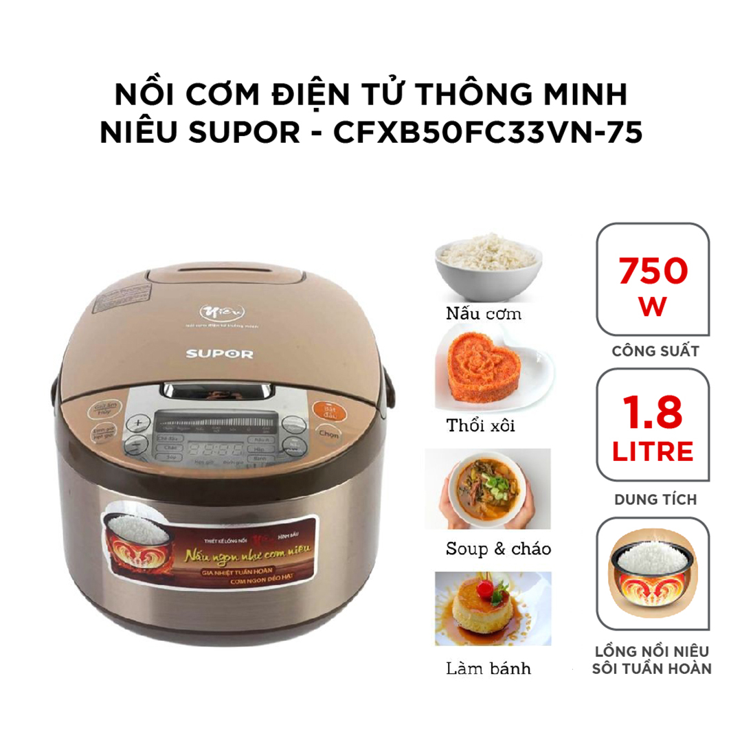 ( HÀNG CHÍNH HÃNG) Nồi cơm điện tử thông minh niêu E-Spherical Supor CFXB50FC33VN-75 - 1.8L, 750W