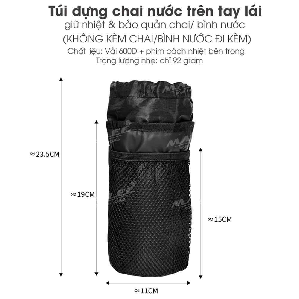 Túi đựng bình nước cho xe đạp, giữ nhiệt (loại lớn) TGN-07 gắn tay lái xe đạp, phù hợp nhiều kích thước, gắn 3 điểm nhiều vị trí - Mai Lee