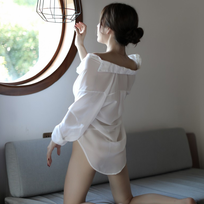 Áo sơ mi mặc ngủ voan mỏng gợi cảm - Màu trắng