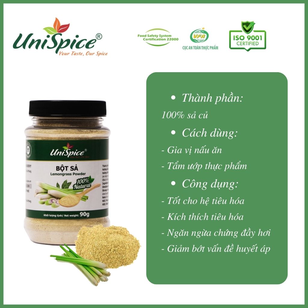 Bột sả UniSpice - Gia vị tự nhiên. 100% từ sả củ, giữ nguyên tinh dầu sả