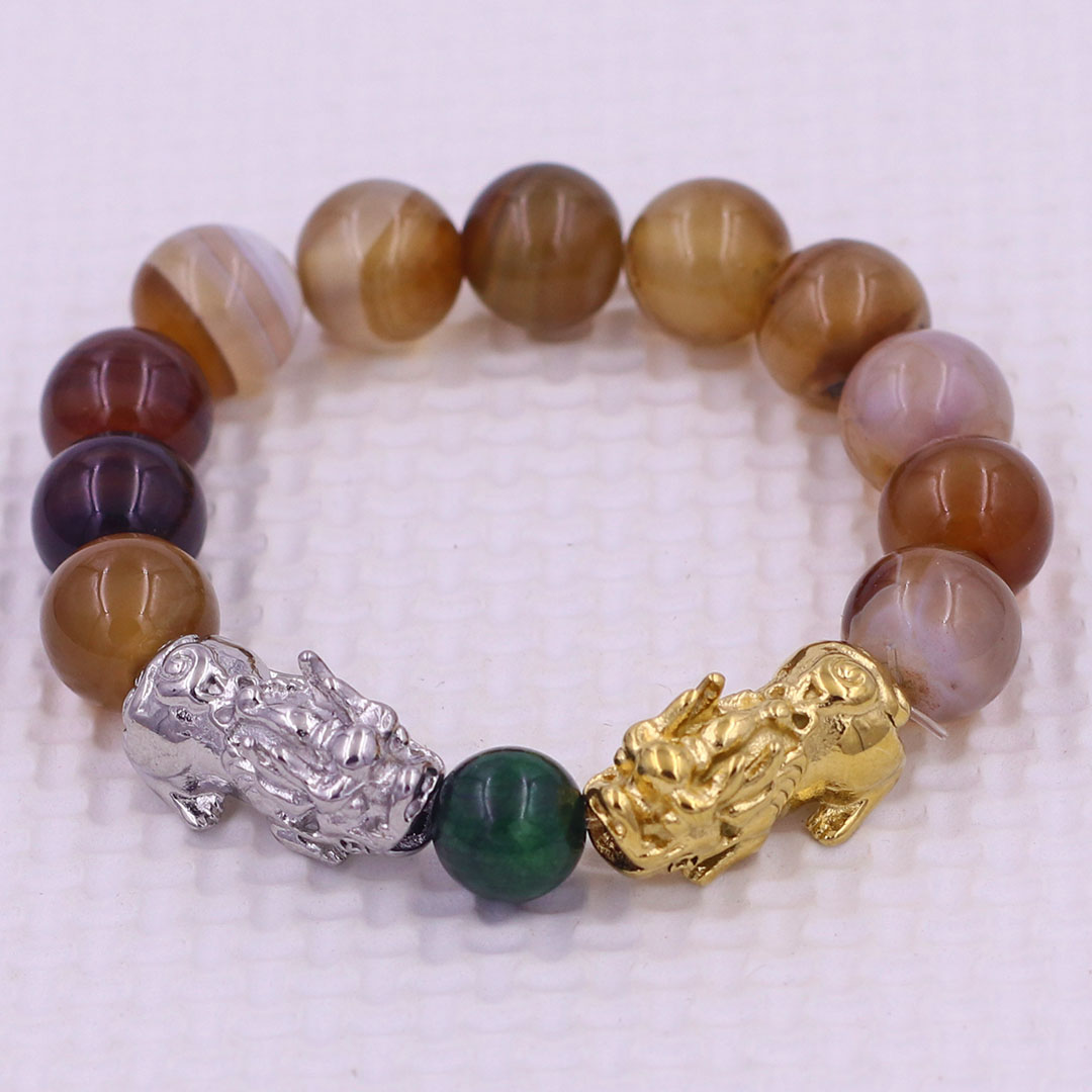 Vòng chuỗi đeo tay mã não nâu sọc 12 ly charm tỳ hưu đôi inox trắng và vàng, vòng chuỗi phong thủy, charm tỳ hưu, vòng tay hạt chuỗi