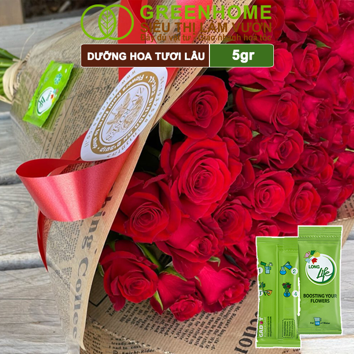 Dưỡng Hoa Tươi Lâu Greenhome, Longlife, Phân Bón Cho Hoa Cắt Cành, Gói 5gr, Lâu Tàn, Nở Bông To, Không Bị Hôi Nước