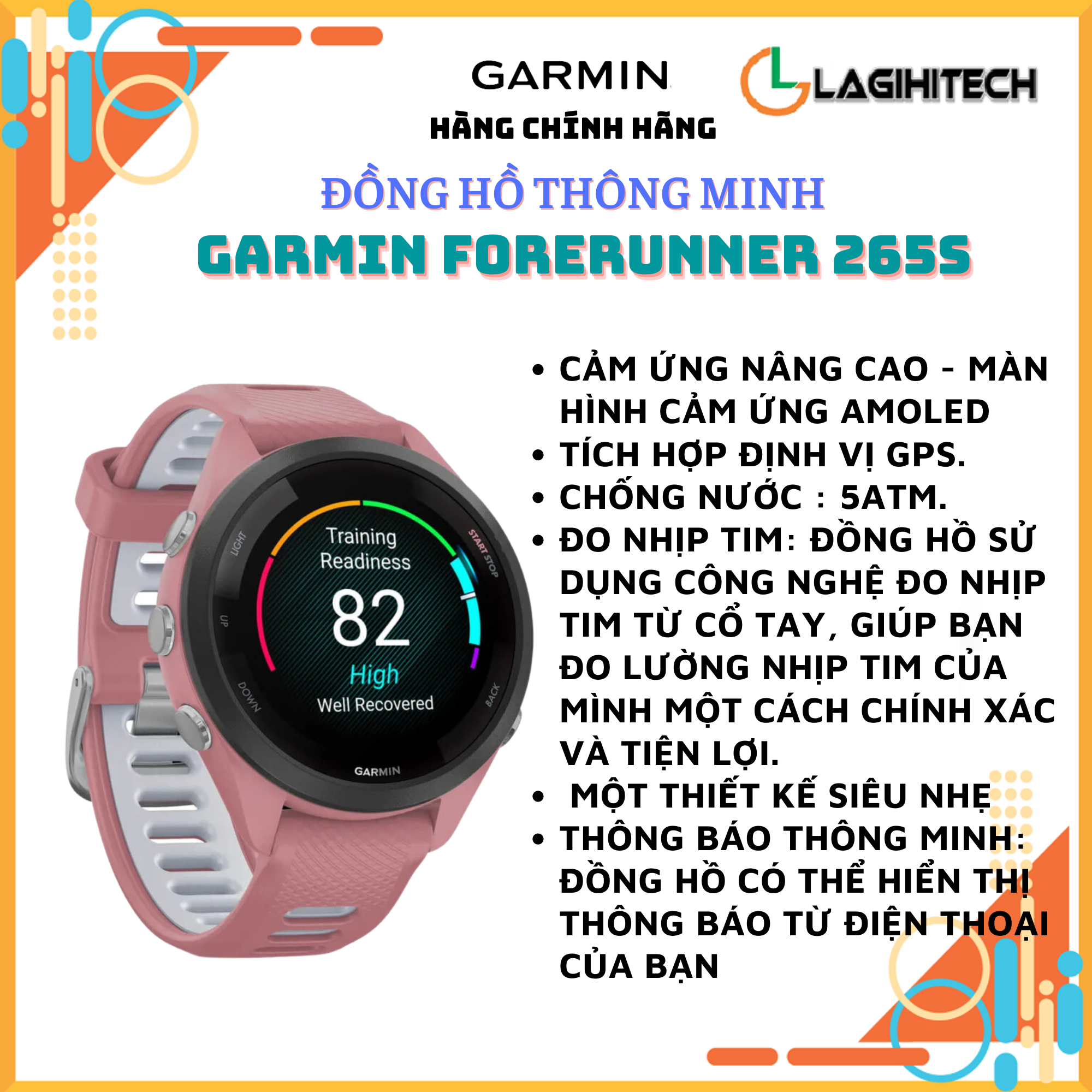 Đồng Hồ Thông Minh Garmin Forerunner 265 / 265S chuyên theo dõi chạy bộ màn hình AMOLED - Hàng Chính Hãng FPT