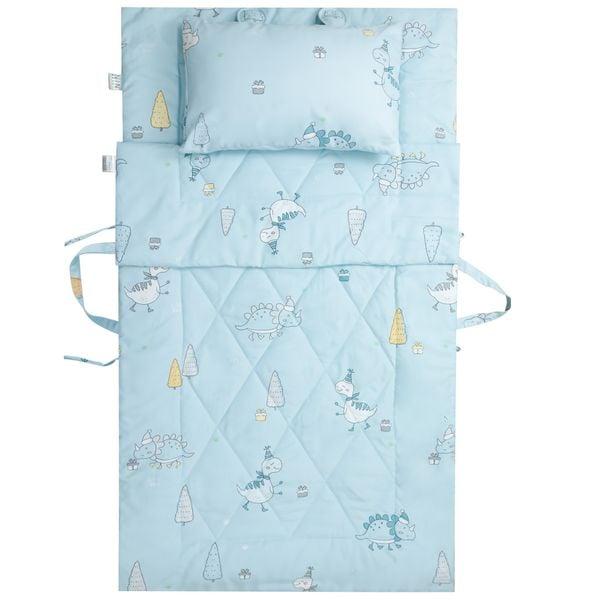 Bộ 5 món tiện lợi cho bé đi học mầm non, tiểu học NIN House hoạ tiết Dinosaurus 70x120cm chất liệu tencel mát lạnh, màu dễ thương, 1 tấm trải chống trượt, 1 chăn, 1 ruột gối, 1 vỏ gối, 1 túi xách