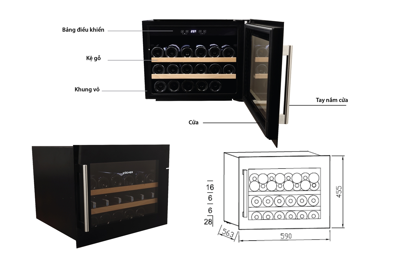 Tủ ướp rượu, tủ bảo quản rượu vang âm tường Kocher KWEU-1128B - Hàng chính hãng sức chứa 28 chai Dung tích 62L