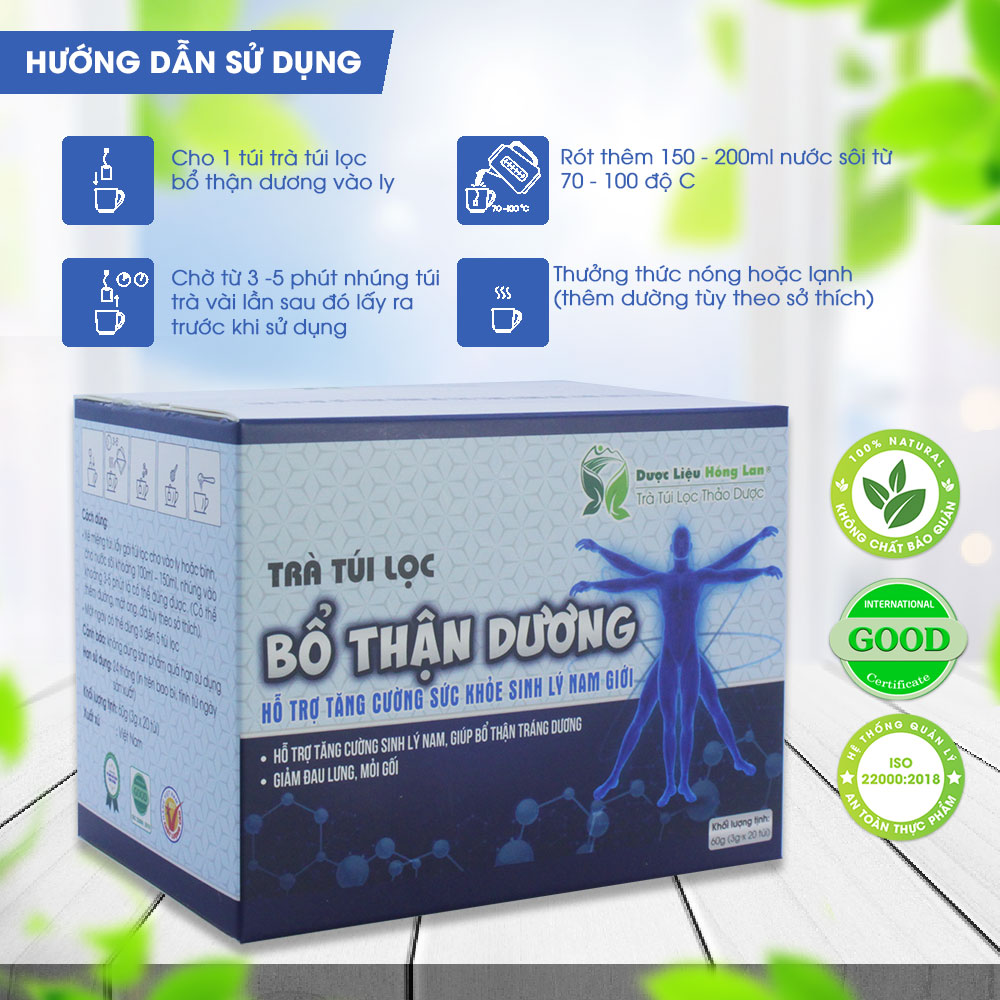 Trà túi lọc Bổ Thận Dương hộp 60g Dược Liệu Hồng Lan - Hỗ trợ tăng cường sức khỏe sinh lý nam giới, mạnh gân cốt,...