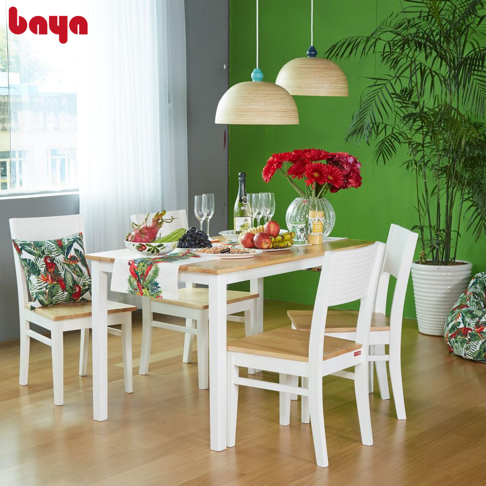 Bàn Ăn Gỗ BAYA Mozart Dining Table Hình Chữ Nhật Mặt Bàn Gỗ Cao Su Dẻo Dai, Chân Bàn Phủ Sơn Trắng Kích Thước 120x75x75