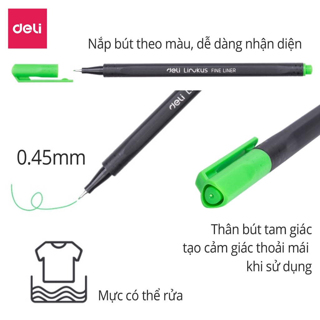 Bộ 6 bút màu liner đi nét - viết caligraphy thư pháp brush letter - Bút lông kim có thể rửa được - Ngòi bọc kim loại 0.45mm Deli - EQ900 - 6