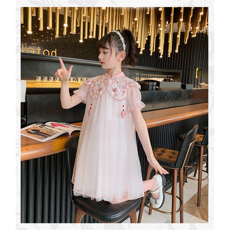 Đầm công chúa sườn xám cổ trang thêu hoa cho bé gái diện tết trung thu đẹp size 15-40kg hàng Quảng Châu