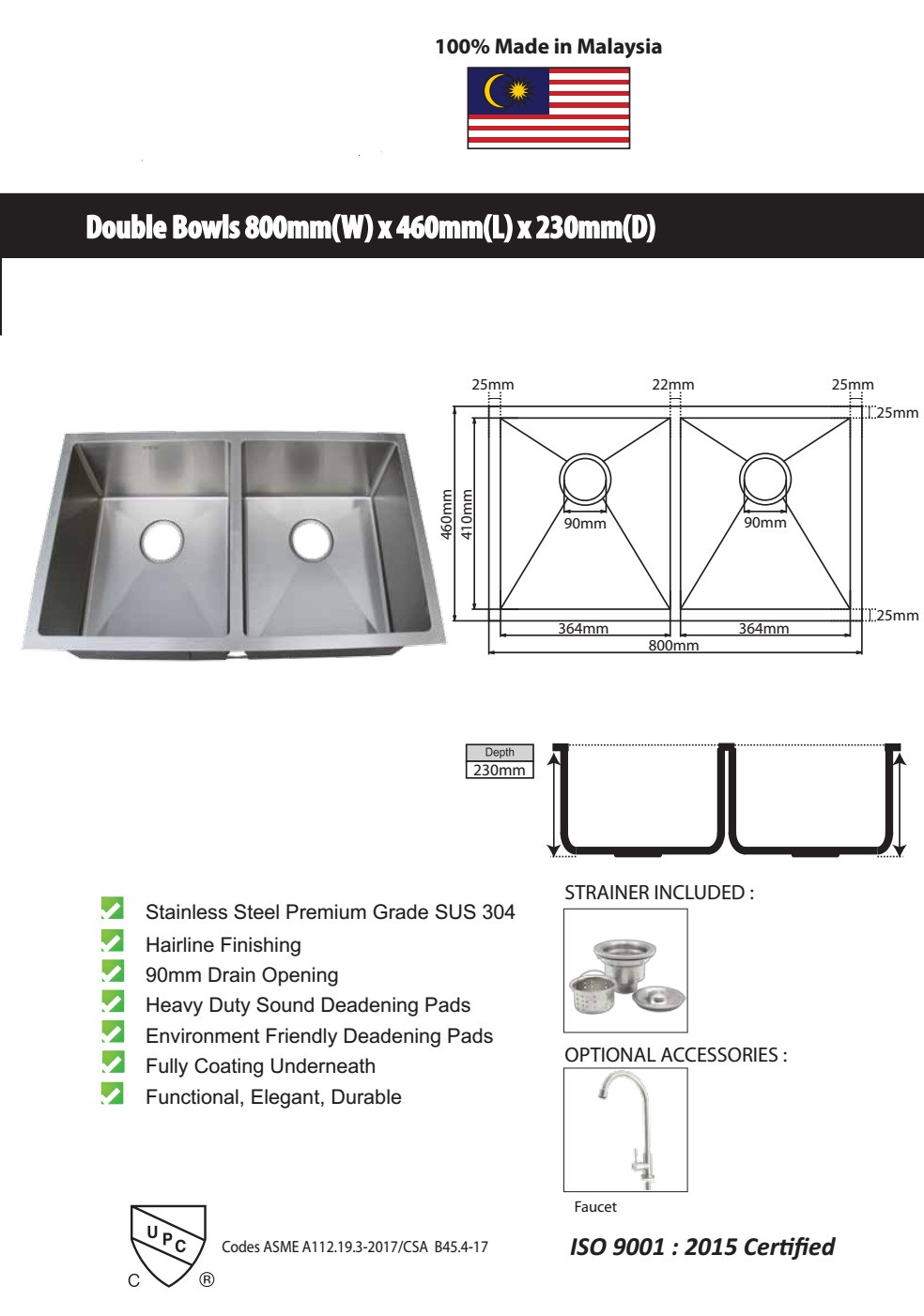 CHẬU RỬA CHÉN INOX 304 KÍCH THƯỚC 800*460*230