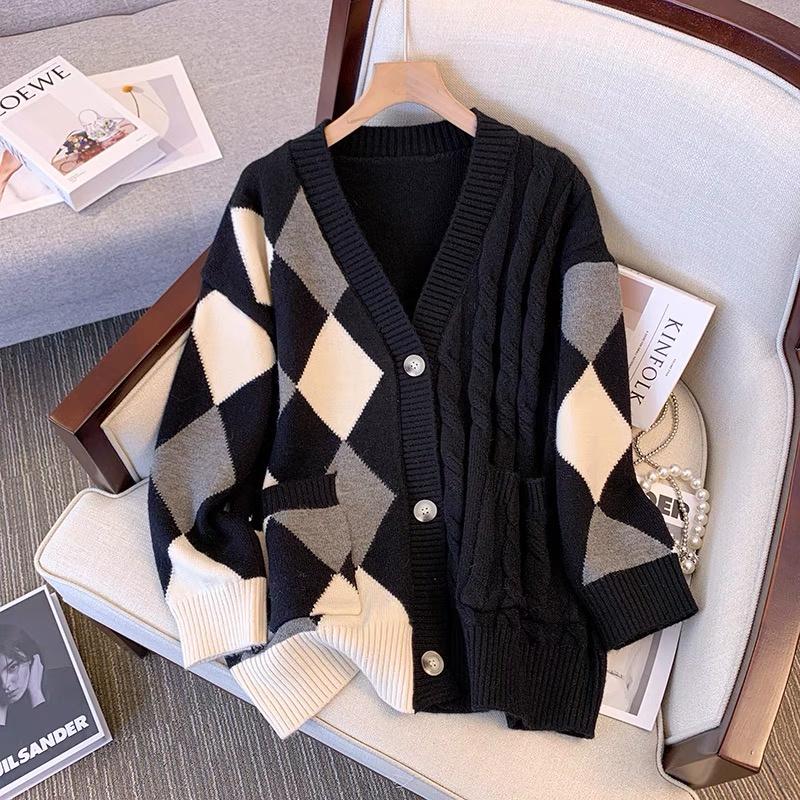 Áo khoác len cardigan nữ form rộng dáng dài dày dặn bigsize phối kẻ caro len thừng phong cách Ulzzang Hàn Quốc trẻ trung