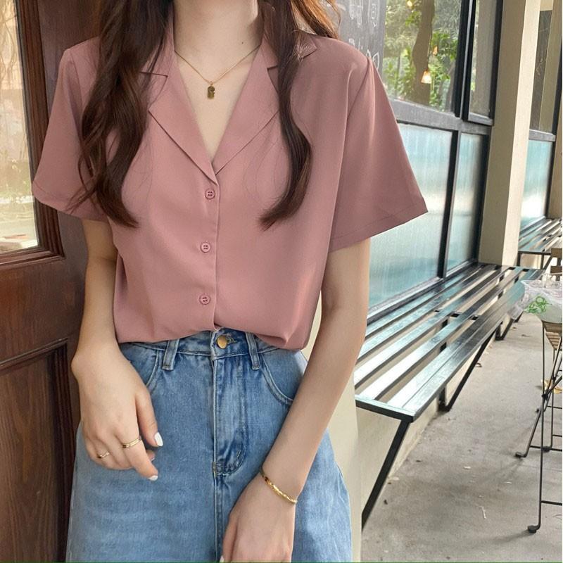 Áo sơ mi kiểu công sở tay ngắn cổ vest nữ form rộng đẹp 6 màu vintage Hàn Quốc