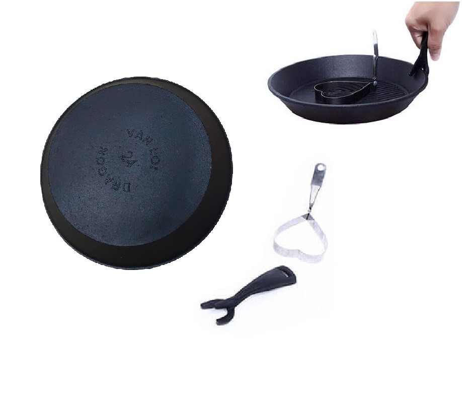 Bộ Chảo Gang Đường Kính 24CM Kèm Dụng Cụ Gấp Và Khuôn Chiên Trứng Và Đế Gỗ