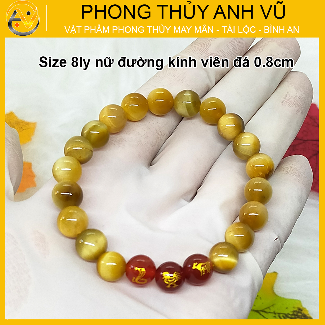 Vòng tam hợp tỵ dậu sửu đã khai quang - chất liệu đá mắt hổ vàng nâu - size 8 10 12ly - may mắn tài lộc - Vòng Tam Hợp Anh Vũ