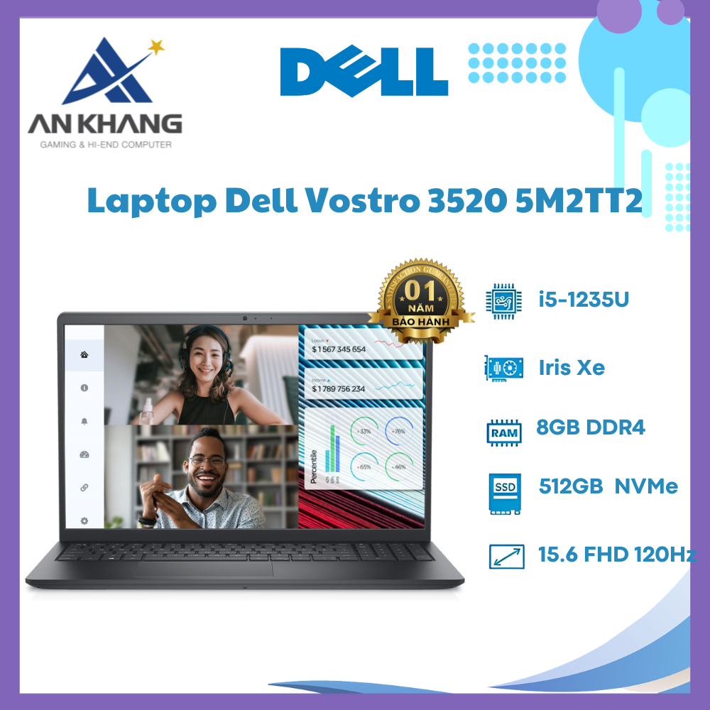 Laptop Dell Vostro 15 3520 5M2TT2 (Intel Core i5-1235U | 8GB | 512GB | 15.6 inch FHD | Iris Xe Graphics | Windows 11 | Office | Xám) - Hàng Chính Hãng - Bảo Hành 12 Tháng