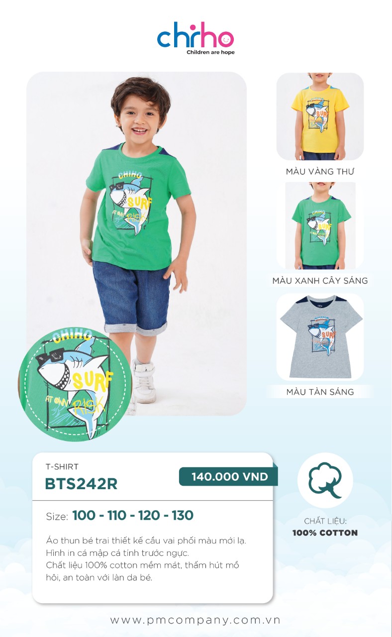 Áo Tshirt bé trai họa tiết in hình cá mập chất cotton nhiều màu AT015C
