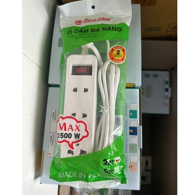 Ổ cắm điện Rạng Đông OC05 3C/10A dây dài 2m và 5m đa năng chịu tải tốt, chịu nhiệt an toàn - Hàng chính hãng