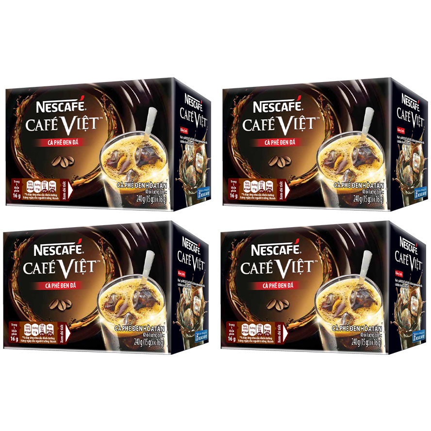 Combo 4 hộp cà phê hòa tan Nescafé Café Việt đen đá (Hộp 15 gói x 16g) [Tặng túi du lịch - màu ngẫu nhiên]