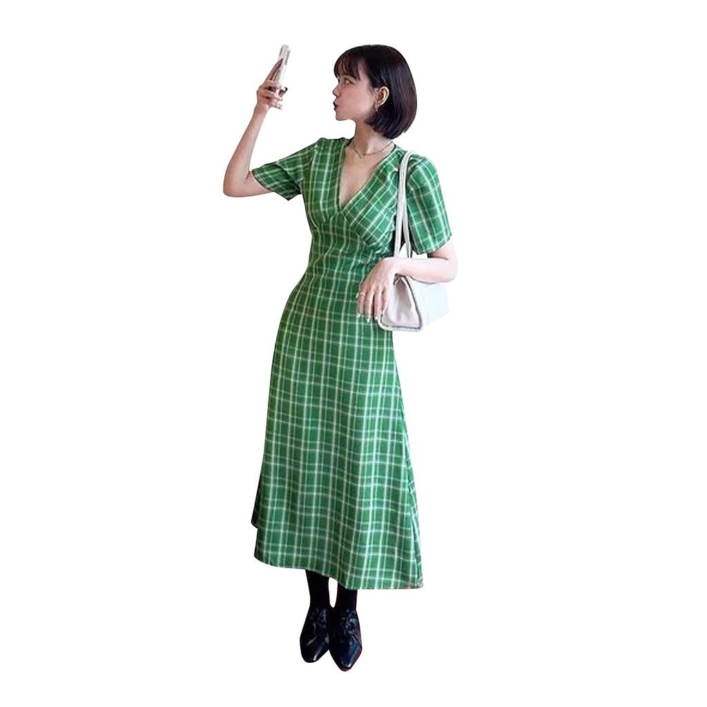 DOTTIE - Đầm midi cổ V kẻ ô nữ xanh lá D0326