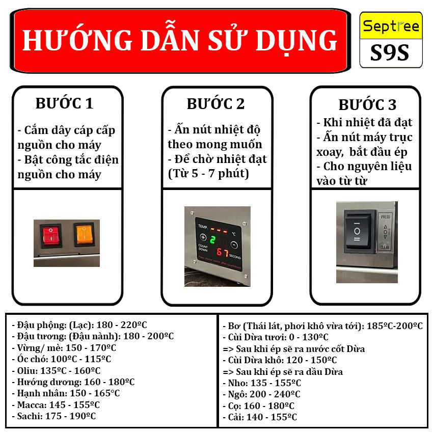 Máy ép dầu thực vật NÓNG LẠNH công nghiệp, dùng trong gia đình, nhà hàng, khách sạn thương hiệu Mỹ cao cấp Septree S9S - Hàng nhập khẩu